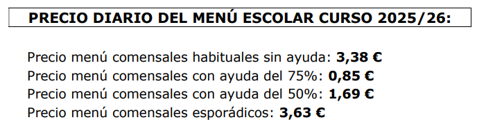 Precios comedor 2025 Precios comedor 2025