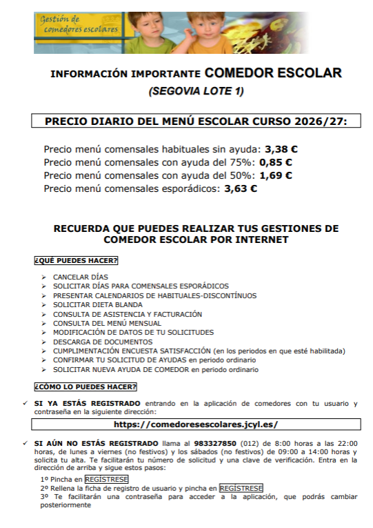 Precios comedor 26/27